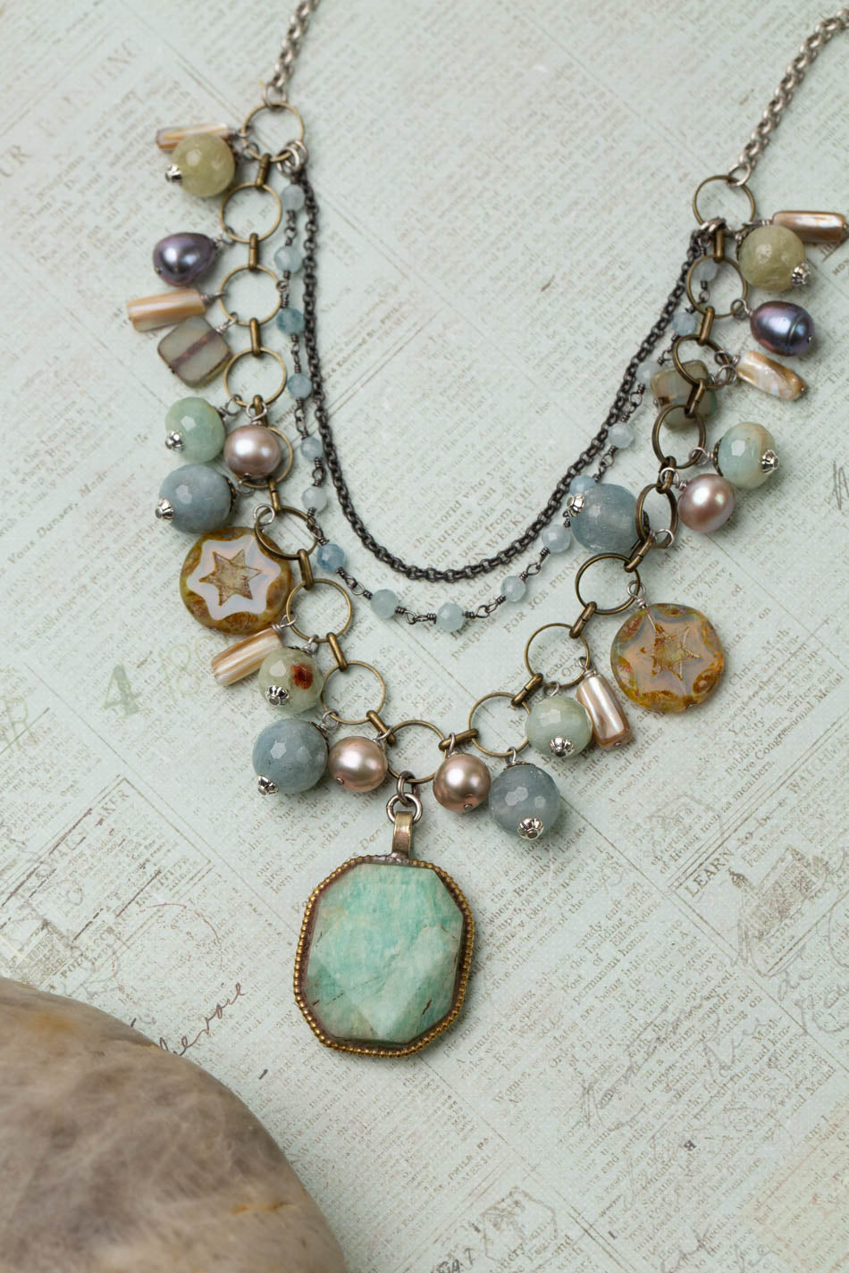 Venetian Dreams 22-24" Freshwater Pearl, Aquamarine, Abalone Shell With Faceted Amazonite Pendant Statement Necklace