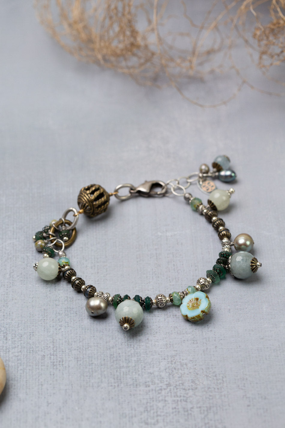 Venetian Dreams 7.5-8.5" Aquamarine, Czech Glass, Freshwater Pearl Statement Bracelet