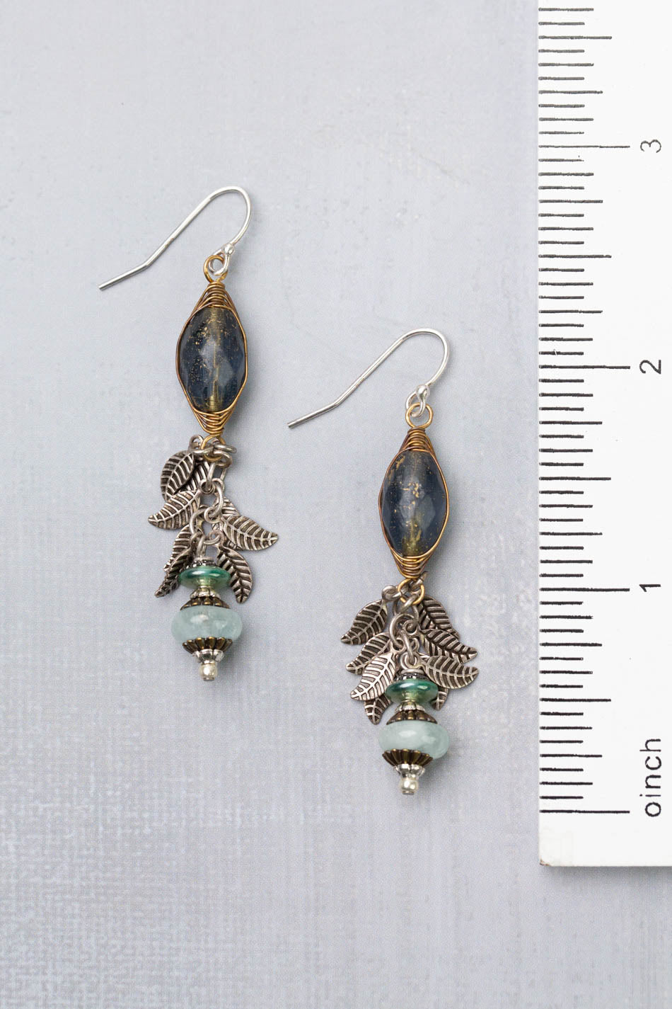 Venetian Dreams Aquamarine, Antique Silver Plated Brass Leaves With Faceted Czech Glass Herringbone Earrings