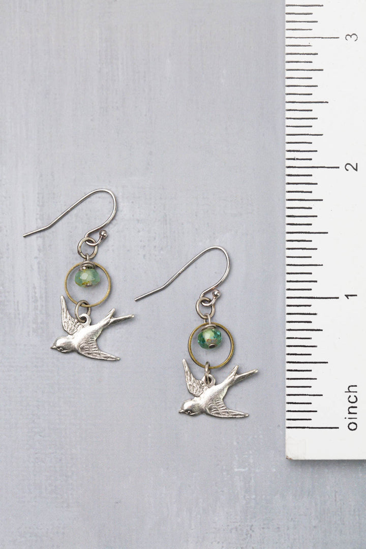 Venetian Dreams Czech Glass With Antique Silver Plated Brass Flying Sparrow Dangle Earrings