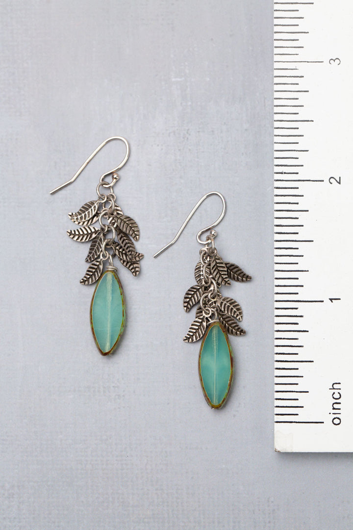 Venetian Dreams Antique Silver Plated Brass Leaves With Long Czech Glass Green Oval Dangle Earrings