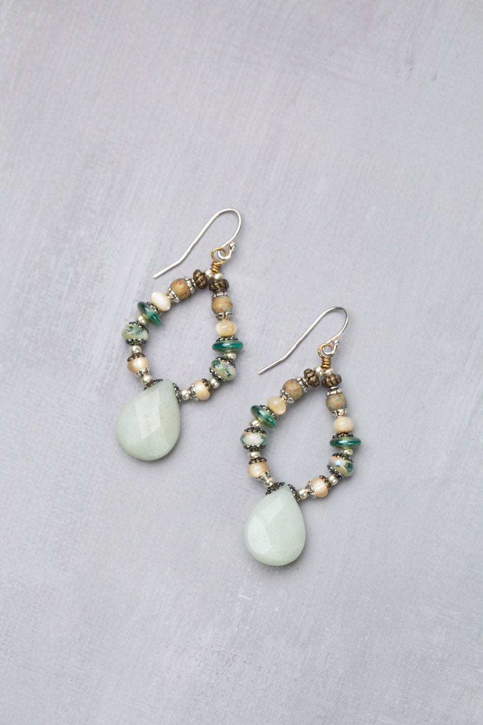 Venetian Dreams Czech Glass, Mother Of Pearl With Faceted Amazonite Briolette Hoop Earrings