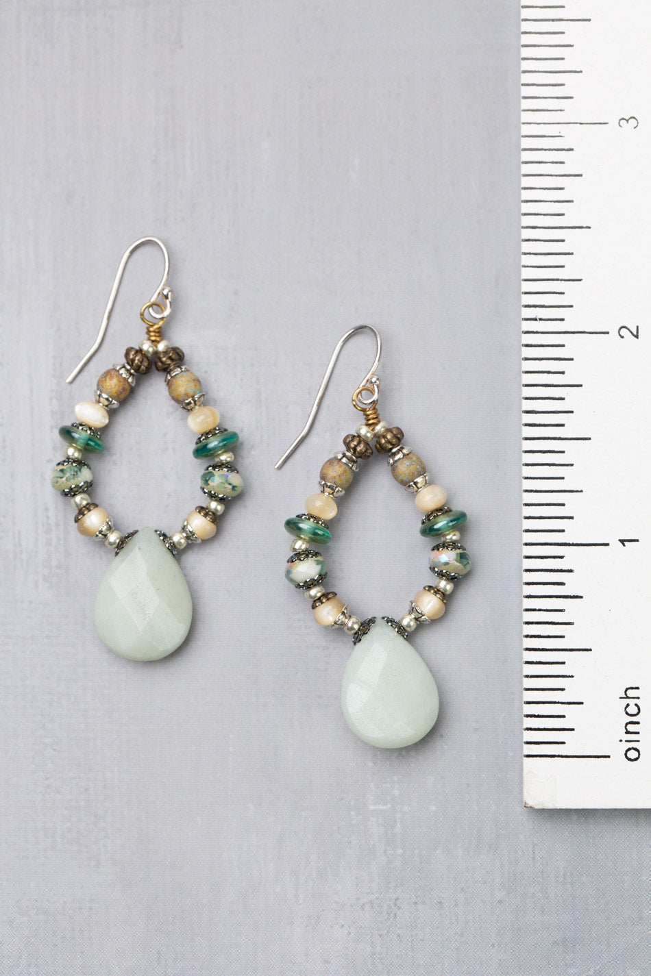 Venetian Dreams Czech Glass, Mother Of Pearl With Faceted Amazonite Briolette Hoop Earrings