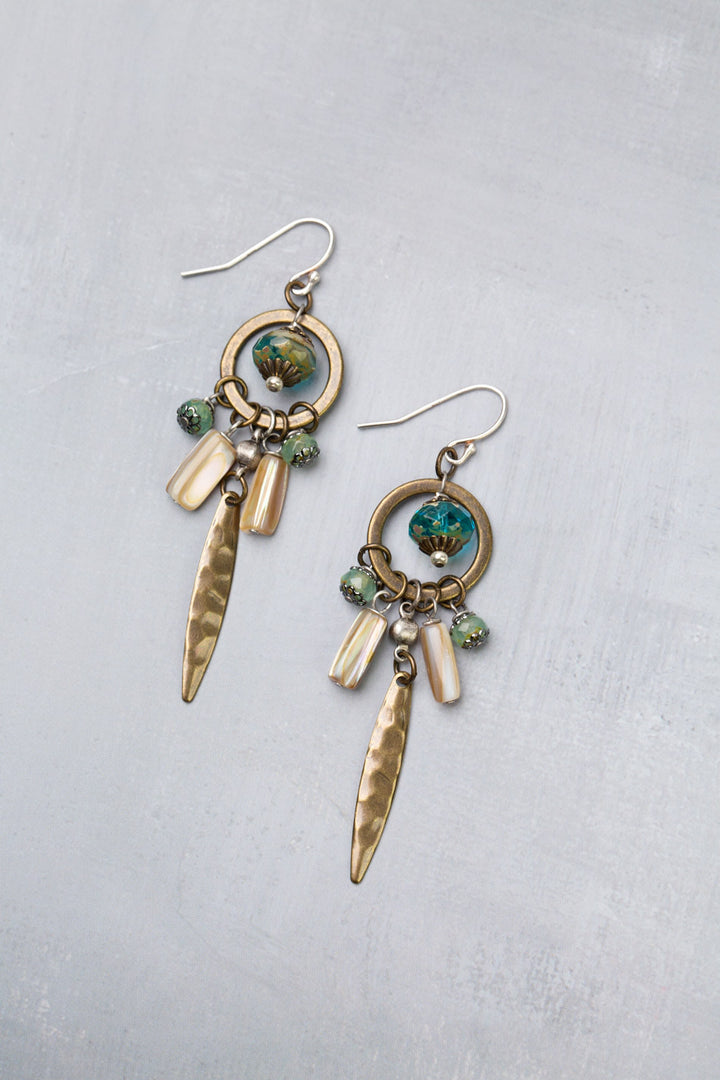 Venetian Dreams Antique Brass Hoop With Hammered Brass Long Spike Abalone Shell And Czech Glass Statement Earrings