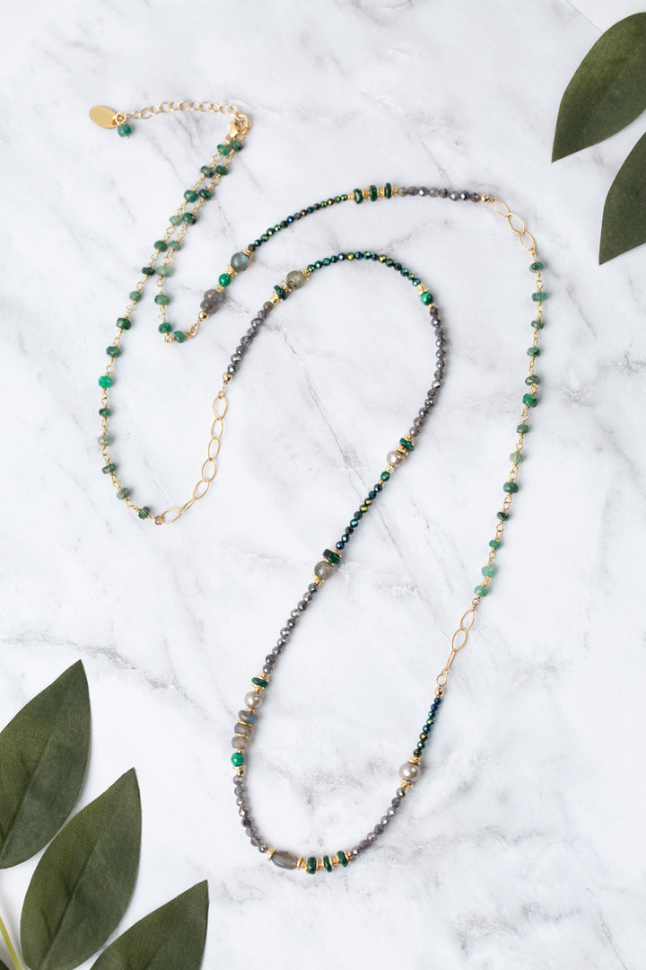 Verdant 35-37" Malachite, Freshwater Pearl, Labradorite Collage Necklace