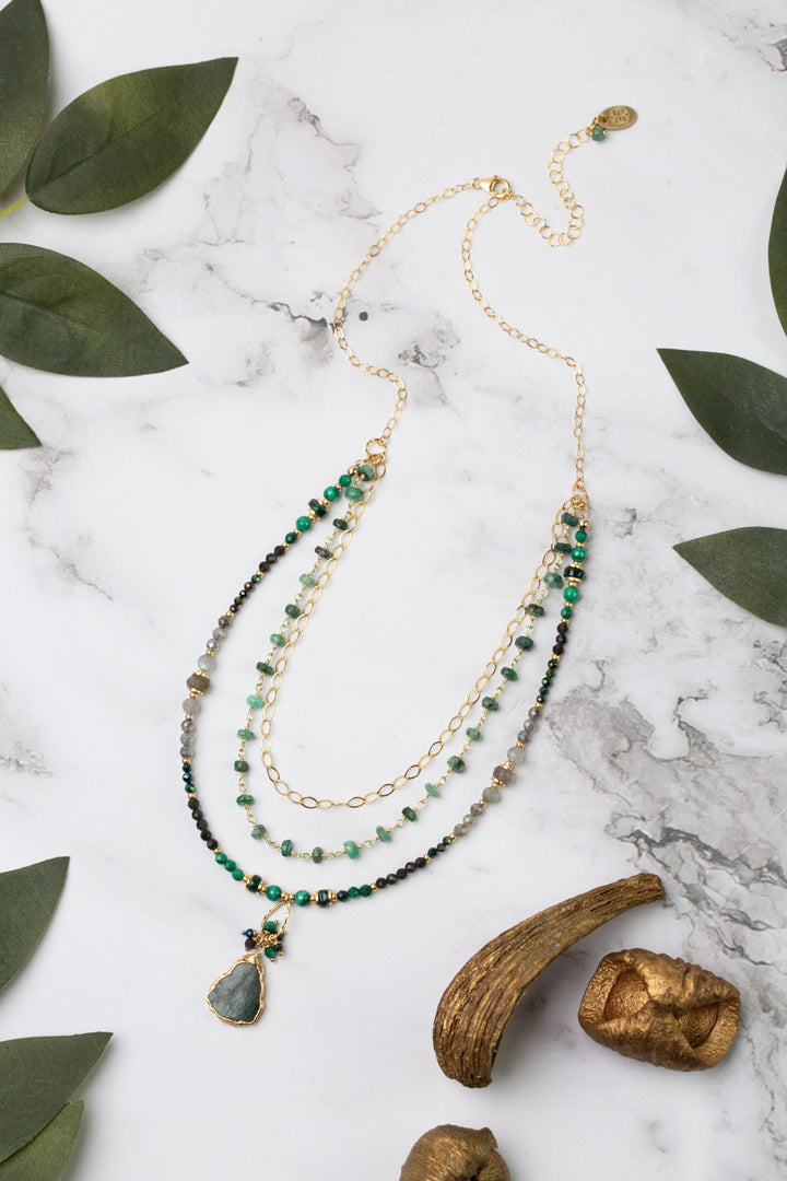 Verdant 16.5-18.5" Malachite, Labradorite, Cats Eye With Emerald Slab Cut Pendant Multistrand Necklace