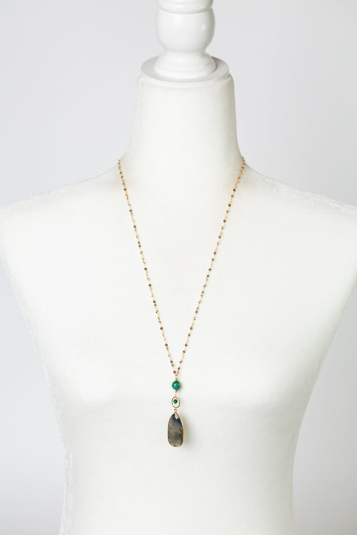 Verdant 25-27" Herringbone Gold Filled Wrapped Malachite With Faceted Labradorite Gold Bezel Simple Necklace