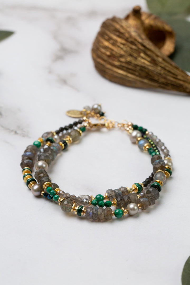 Verdant 7.5-8.5" Malachite, Labradorite, Freshwater Pearl Multistrand Bracelet