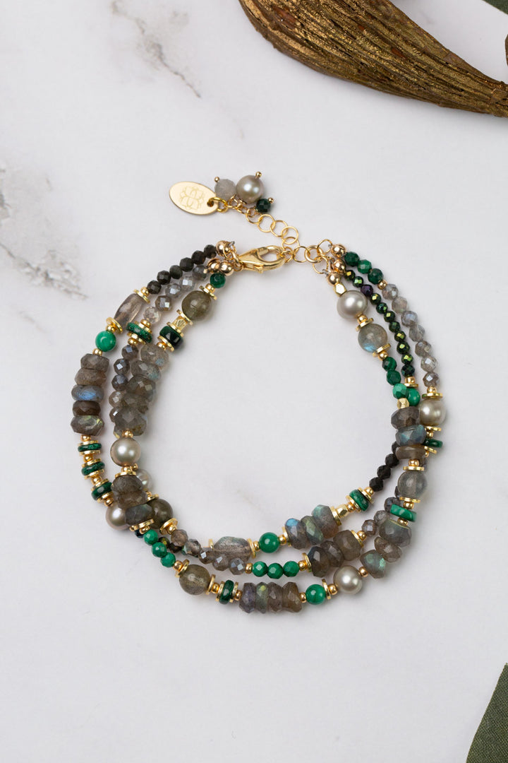 Verdant 7.5-8.5" Malachite, Labradorite, Freshwater Pearl Multistrand Bracelet