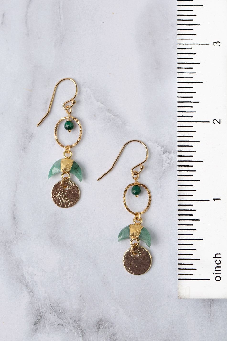 Verdant Faceted Malachite, Brushed Gold Coin With Gold Plated Emerald Crescent Moon Dangle Earrings