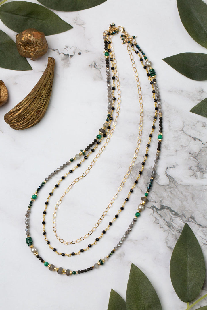 Verdant 17 or 35" Malachite, Labradorite, Freshwater Pearl Multistrand Necklace