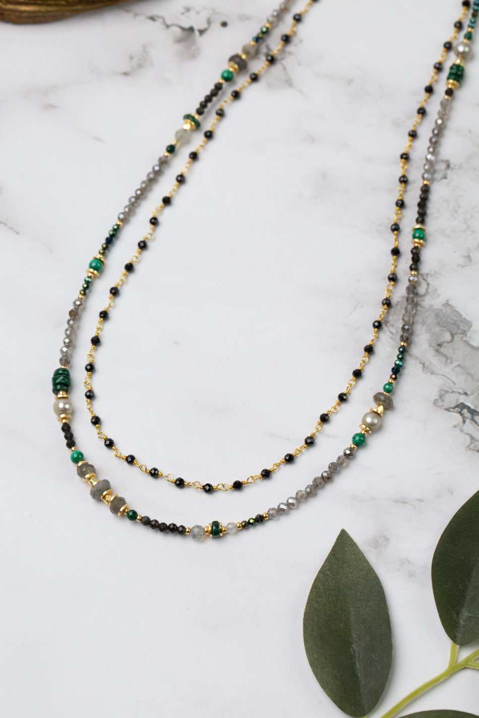 Verdant 17 or 35" Malachite, Labradorite, Freshwater Pearl Multistrand Necklace