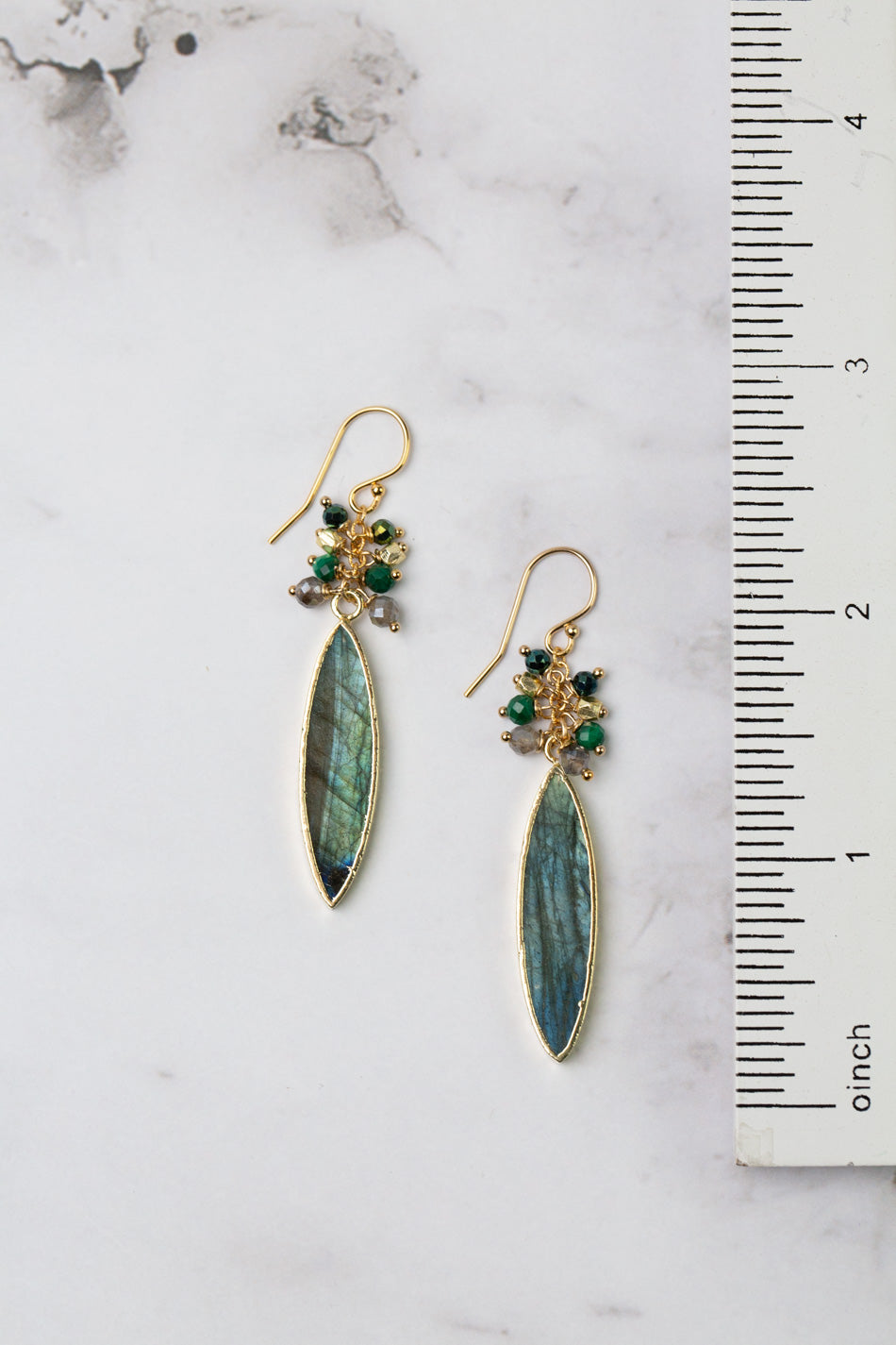 Verdant Malachite, Pyrite With Marquise Shaped Labradorite Cluster Earrings