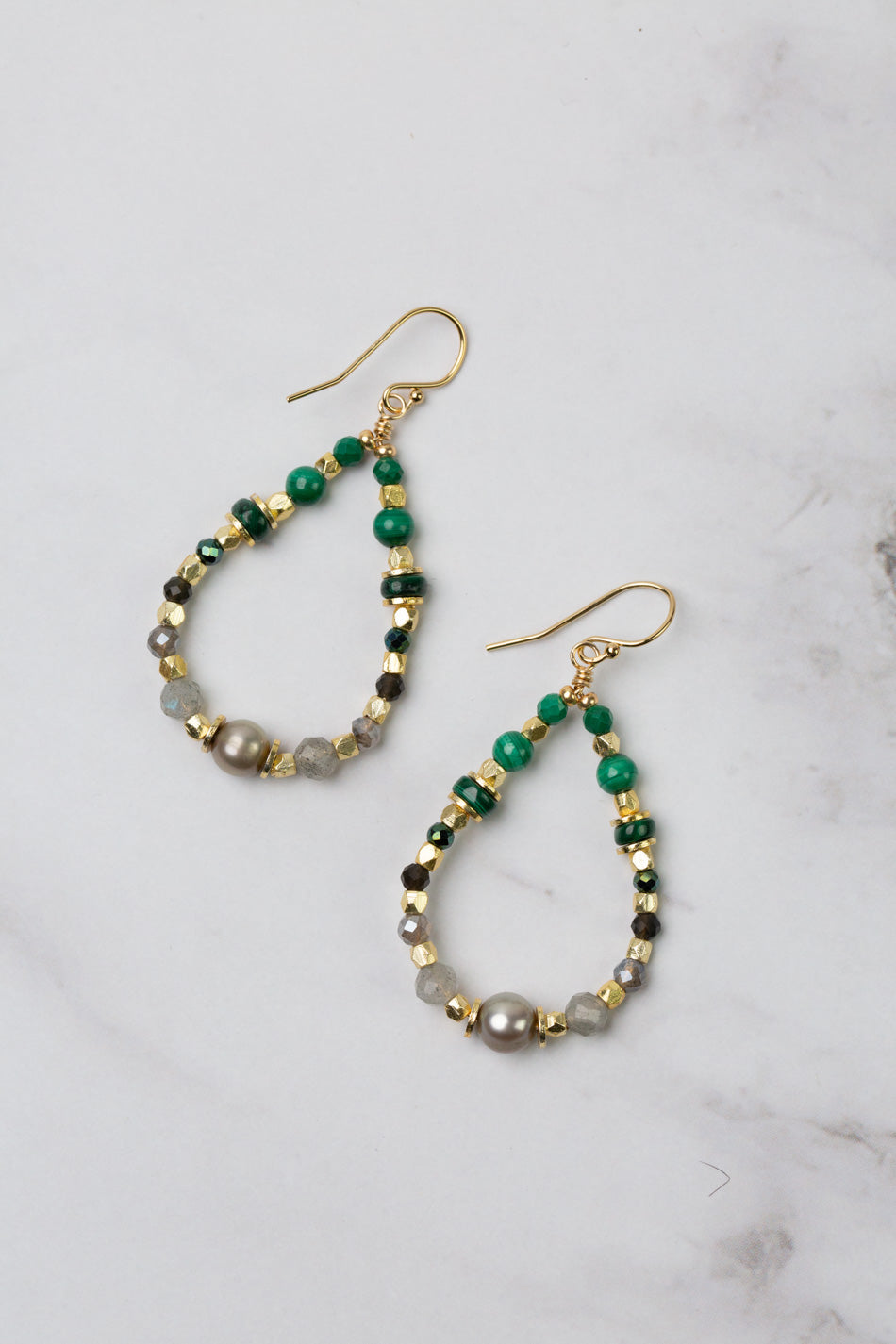 Verdant Malachite, Labradorite, Fresh Water Pearl Hoop Earrings