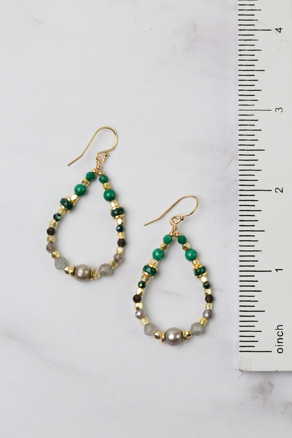 Verdant Malachite, Labradorite, Fresh Water Pearl Hoop Earrings