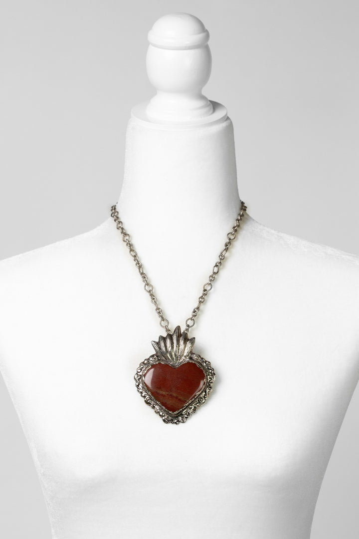 One Of A Kind 17.75-19.75" Tibetan Flaming Red Jasper Heart Pendant Statement Necklace