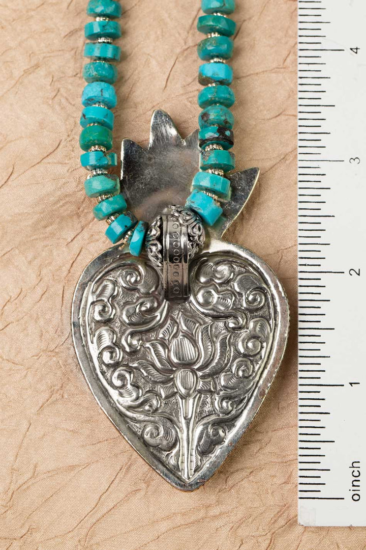 One Of A Kind 20.75-22.75" Turquoise Beadwork With Tibetan Chyrsocolla Heart Pendant Statement Necklace