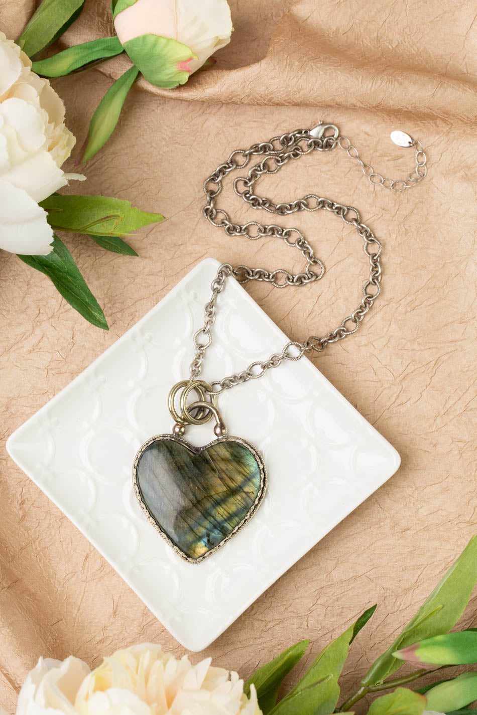 One Of A Kind 20.5-22.5" Tibetan Labradorite Heart Pendant Statement Necklace