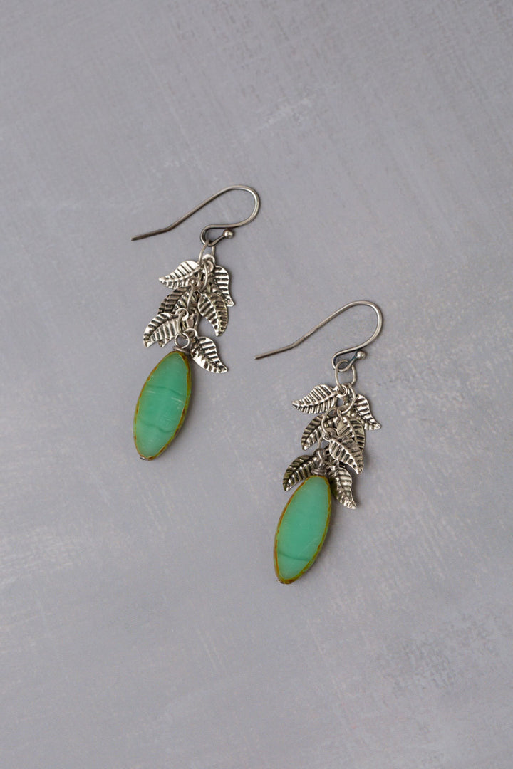 Venetian Dreams Antique Silver Plated Brass Leaves With Long Czech Glass Green Oval Dangle Earrings