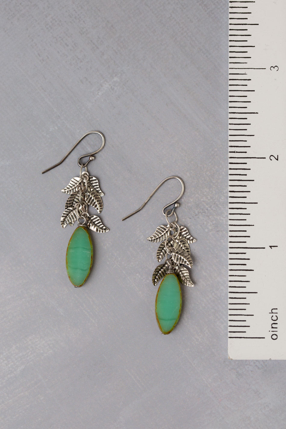 Venetian Dreams Antique Silver Plated Brass Leaves With Long Czech Glass Green Oval Dangle Earrings
