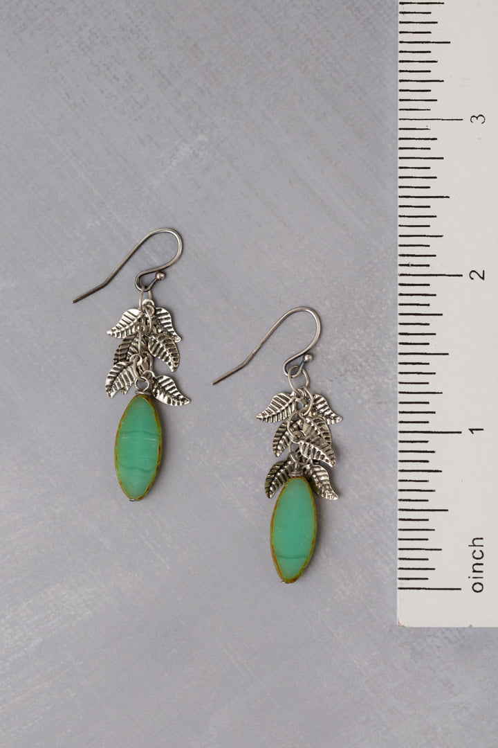 Venetian Dreams Antique Silver Plated Brass Leaves With Long Czech Glass Green Oval Dangle Earrings