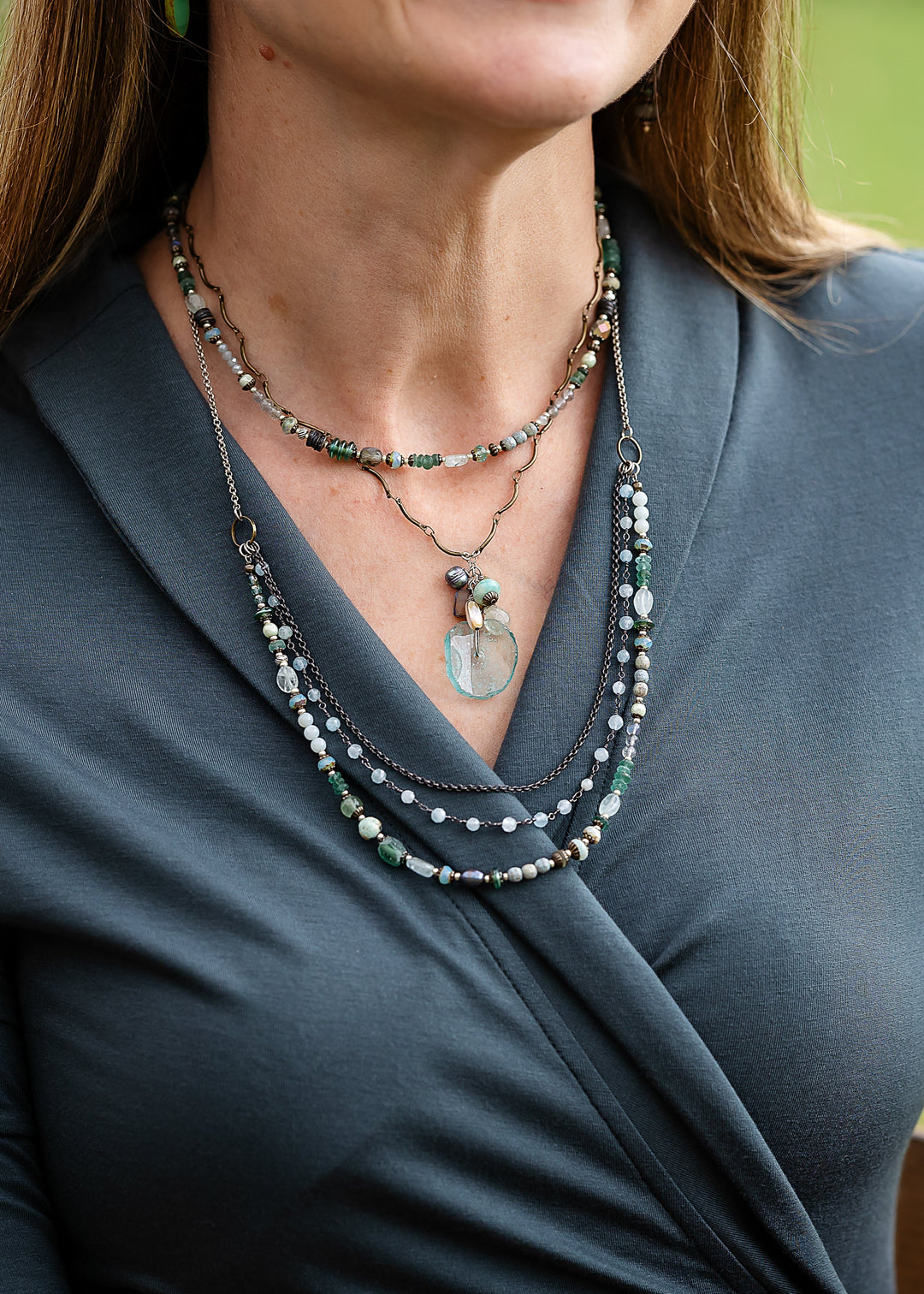 Venetian Dreams 15-17" Peruvian Opal, Fluorite, Czech Glass, Roman Glass, Freshwater Pearl Collage Necklace