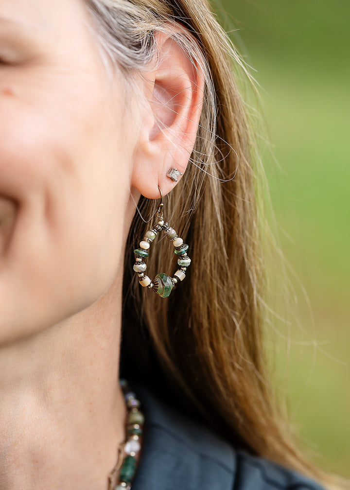 Venetian Dreams Czech Glass, Mother Of Pearl With Faceted Amazonite Briolette Hoop Earrings