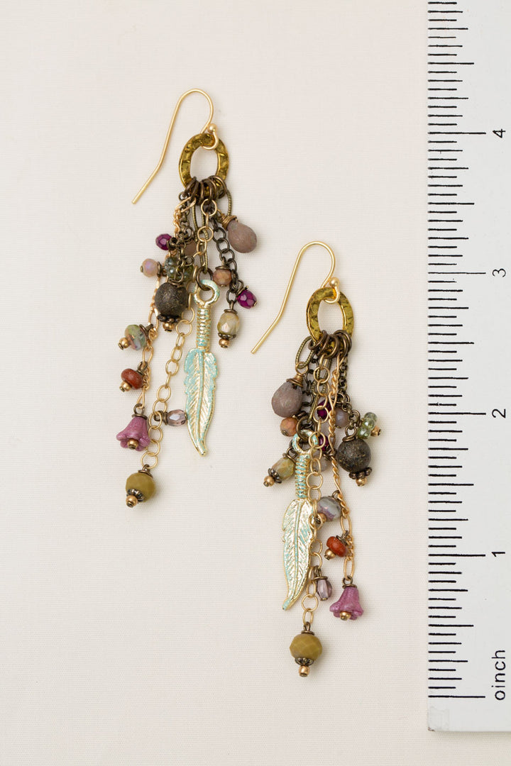 Wildflower Czech Glass And Patina Feather Cluster Earrings