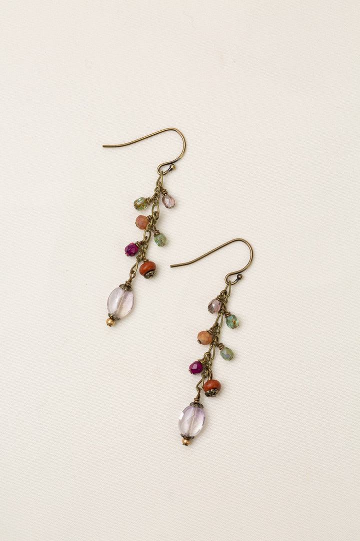 Wildflower Czech Glass, Wood With Faceted Amethyst Ovals Dangle Earrings