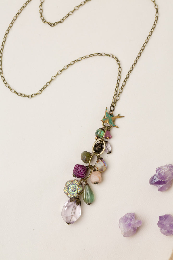 Wildflower 24-26" Czech Glass, Faceted Amethyst, Patina Sparrow, And Peach Moonstone Cluster Necklace