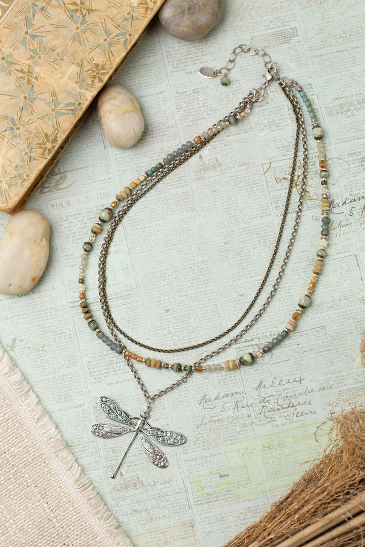 Wisdom Within 16.5-18.5" Czech Glass, Caribbean Calcite Shell With Patina Dragonfly Pendant Multistrand Necklace