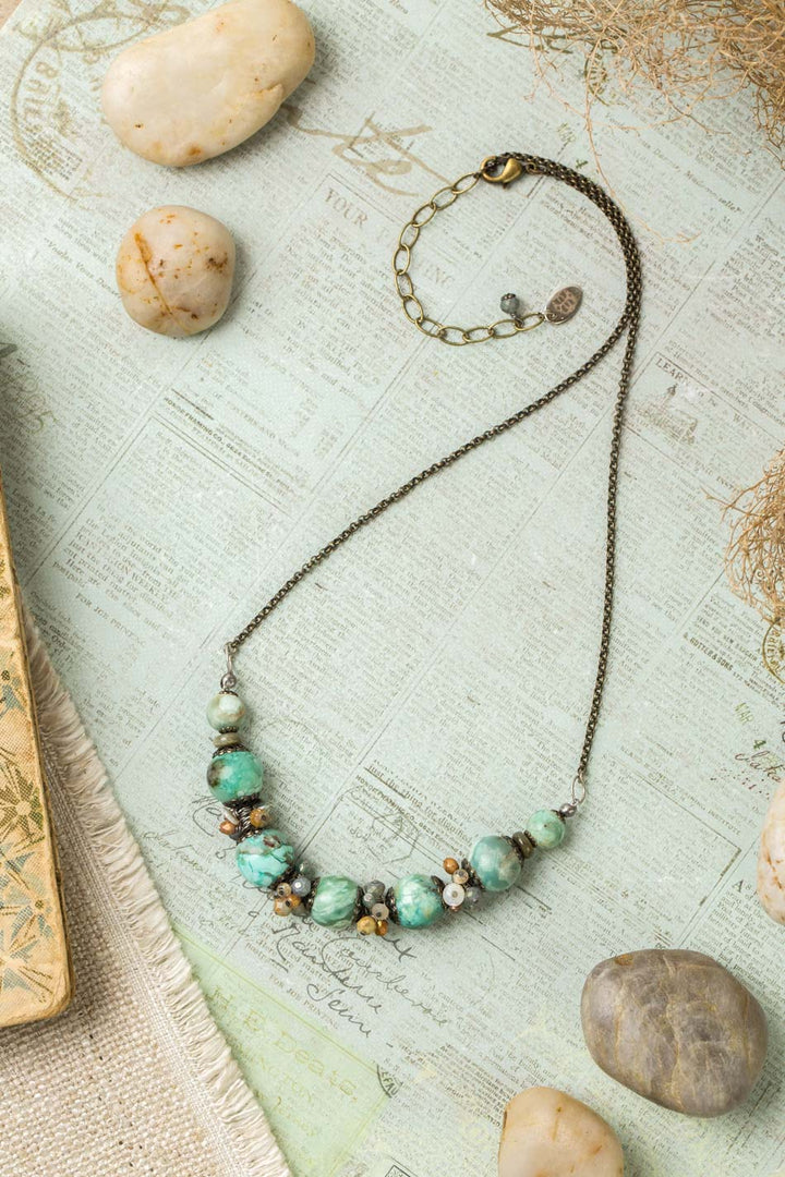 Wisdom Within 18-20" Shell, Crystal With Tibetan Turquoise Cluster Necklace