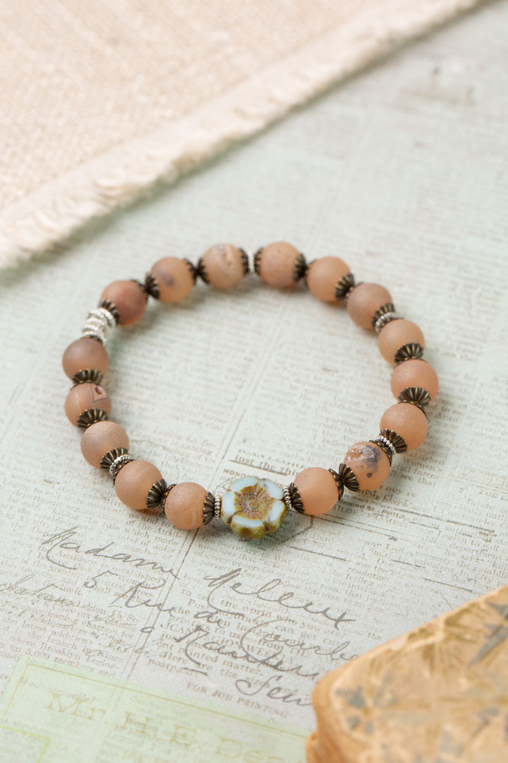 Wisdom Within 6.5" Crackle Agate With Czech Glass With Flower Stretch Bracelet