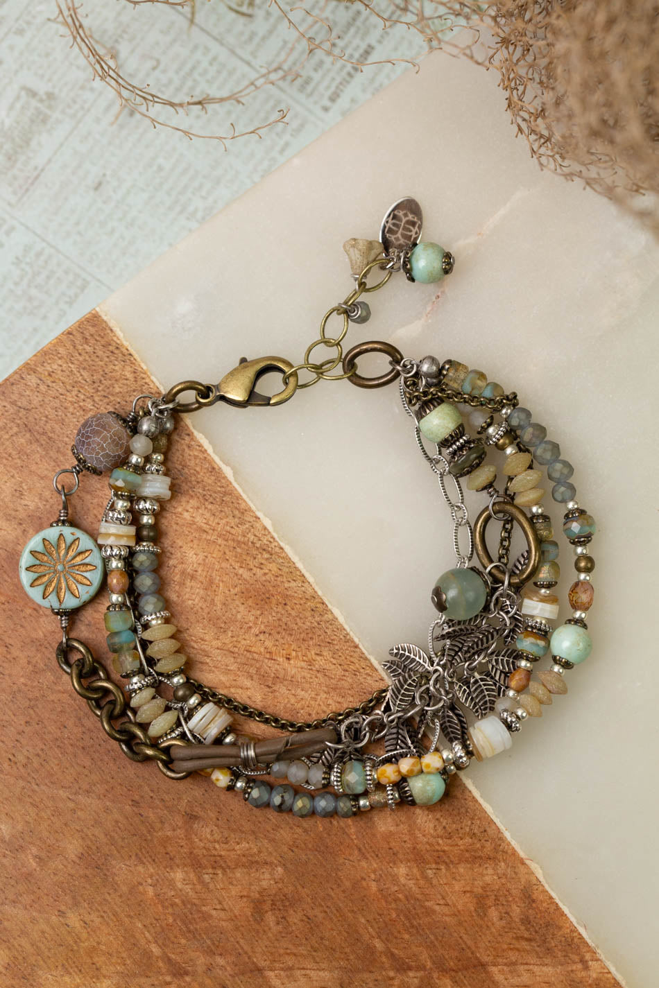 Wisdom Within 7.5-8.5" Turquoise With Antique Brass Etching Flower, Carribean Calcitte, Blue Calcite Multistrand Bracelet