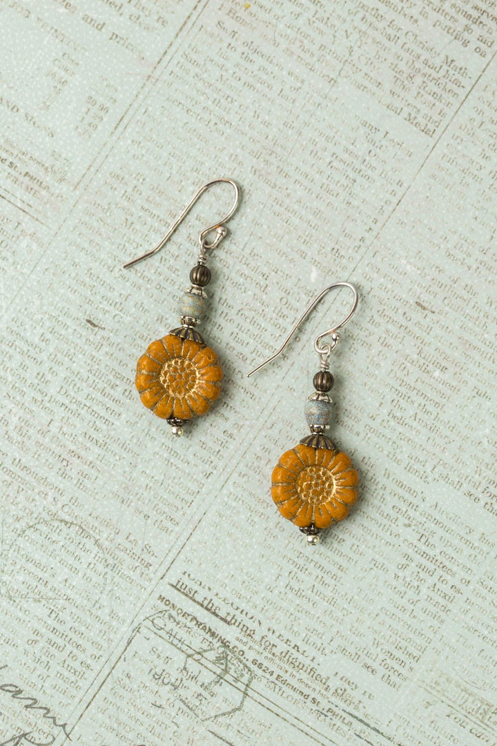 Wisdom Within Antique Brass With Orange Czech Glass Sunflower With Gold Etching Simple Earrings