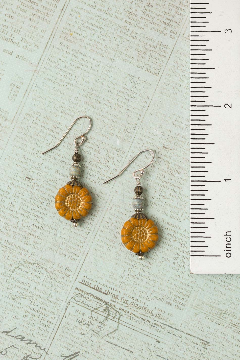 Wisdom Within Antique Brass With Orange Czech Glass Sunflower With Gold Etching Simple Earrings