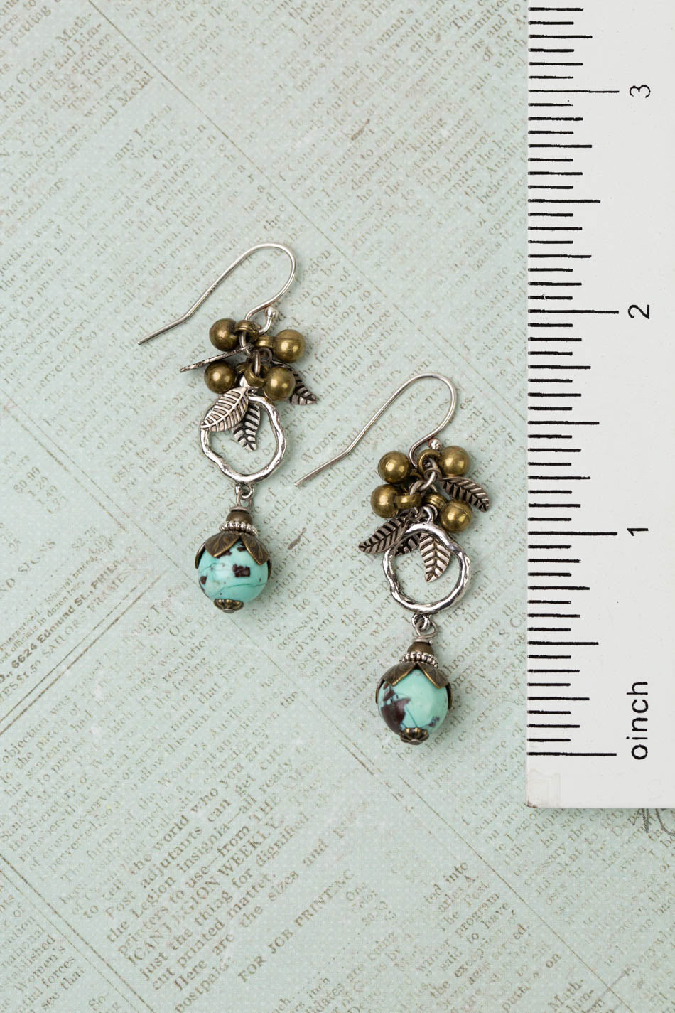 Wisdom Within Antique Silver Plated Brass Leaves With Peruvian Turquoise Cluster Earrings