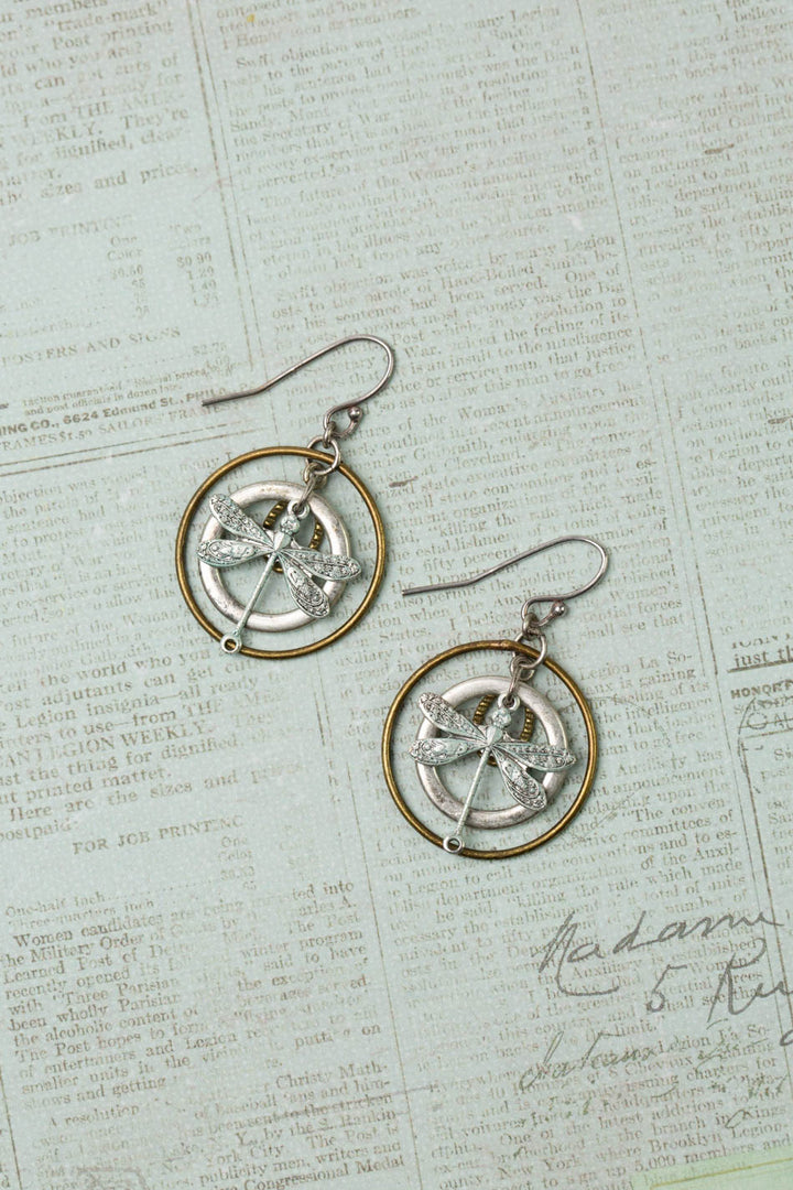 Wisdom Within Patina Antique Silver Dragonfly Hoop Earrings