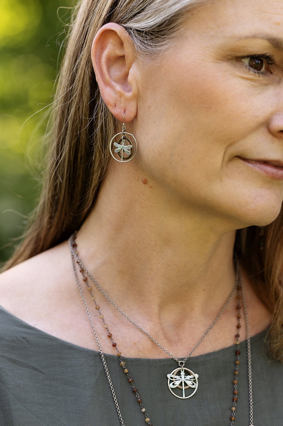 Wisdom Within Patina Antique Silver Dragonfly Hoop Earrings