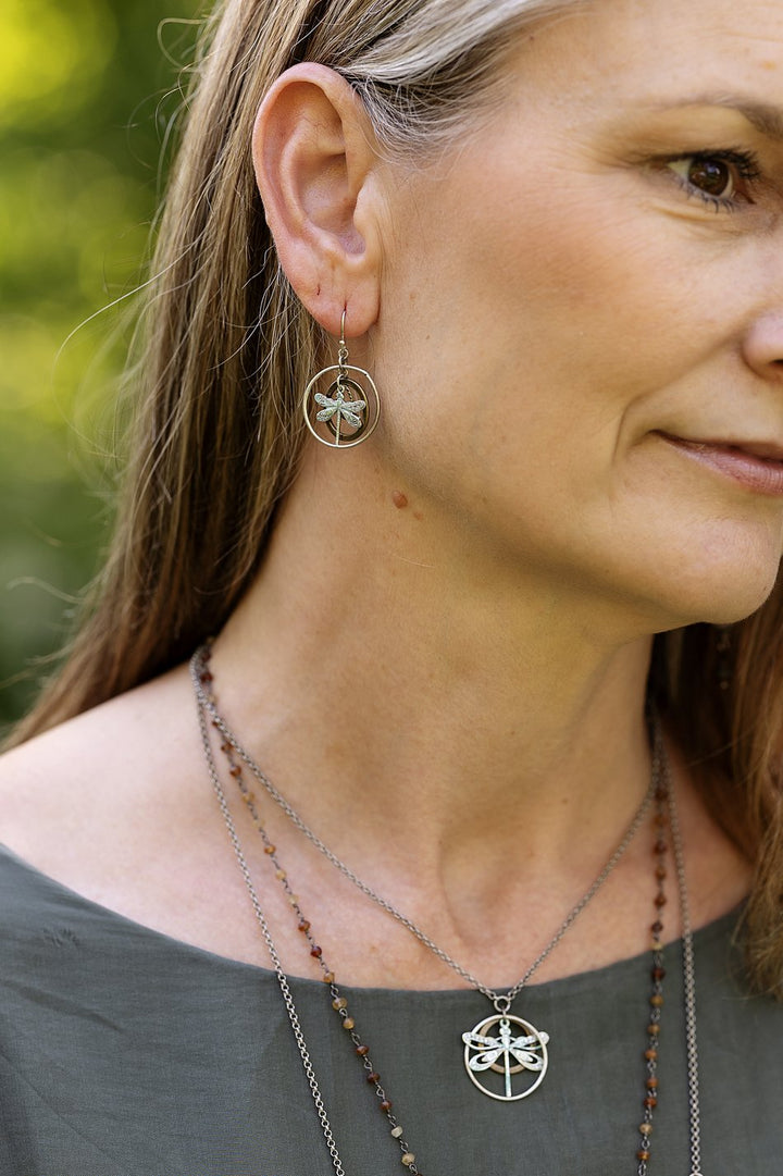 Wisdom Within Patina Antique Silver Dragonfly Hoop Earrings