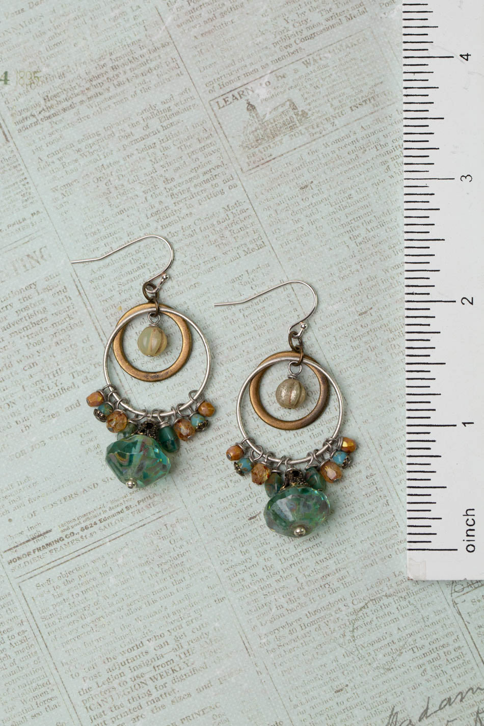 Wisdom Within Turquoise Blue Czech Glass Flower With Antique Gold Etching Cluster Earrings