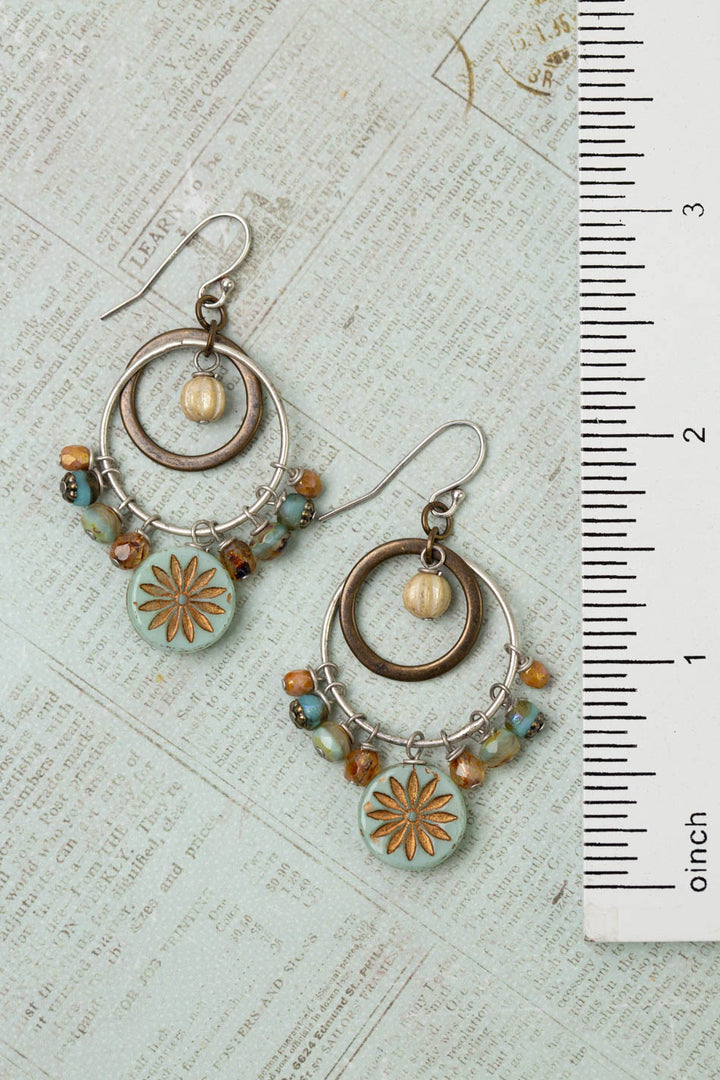 Wisdom Within Turquoise Blue Czech Glass Flower With Antique Gold Etching Cluster Earrings