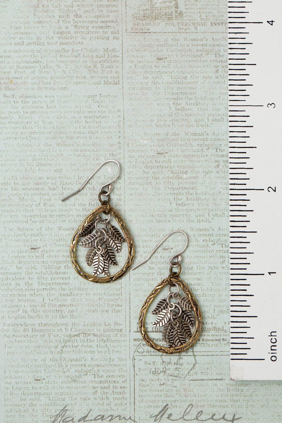 Wisdom Within Antique Brass Hammered Teardrop Hoop With Antique Silver Leaves Cluster Earrings