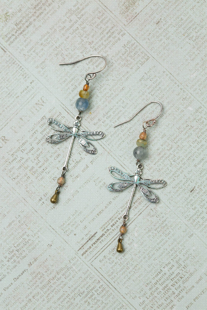 Wisdom Within Kyanite, Czech Glass With Patina Antique Silver Dragonfly Cluster Earrings