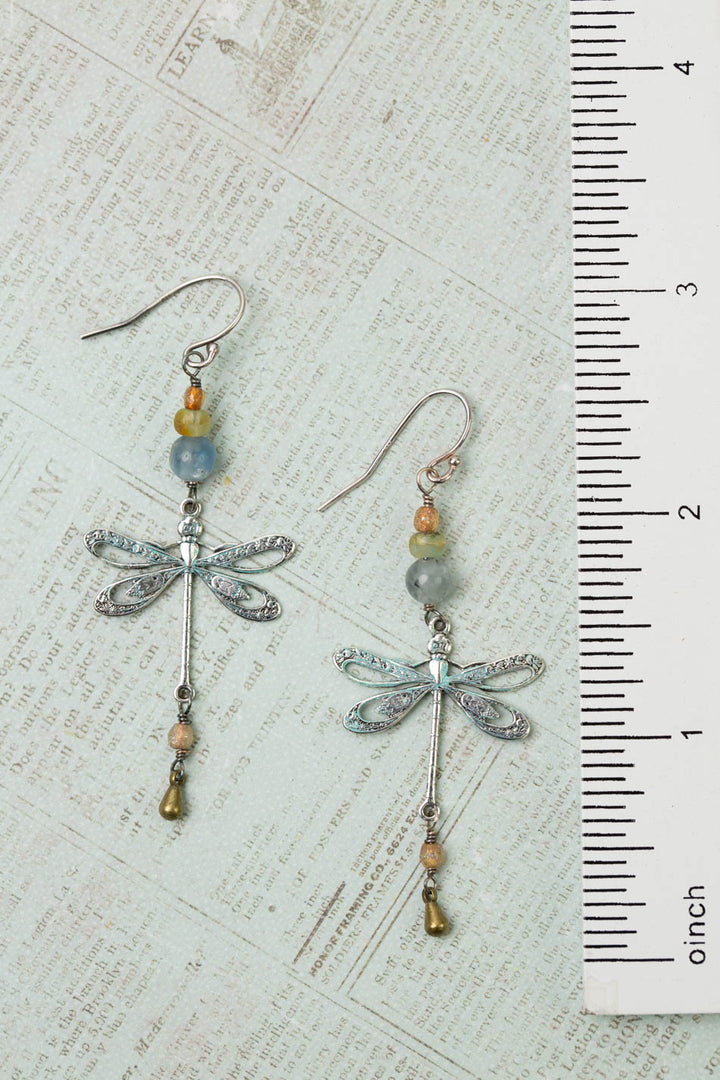 Wisdom Within Kyanite, Czech Glass With Patina Antique Silver Dragonfly Cluster Earrings