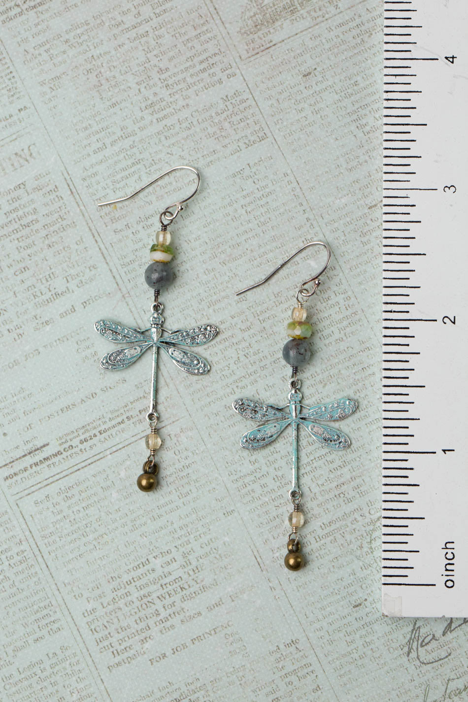 Wisdom Within Kyanite, Czech Glass With Patina Antique Silver Dragonfly Cluster Earrings