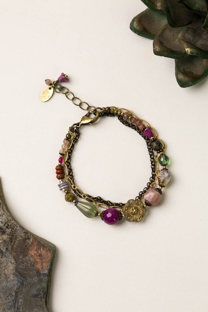 Wildflower 7.5-8.5" Czech Glass Holographic Flower, Peach Moonstone Multistrand Bracelet