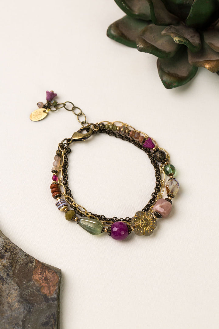 Wildflower 7.5-8.5" Czech Glass Holographic Flower, Peach Moonstone Multistrand Bracelet