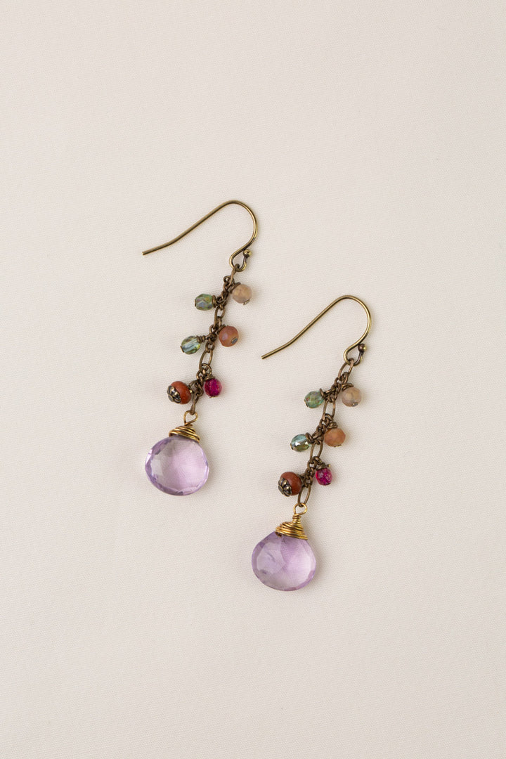 Wildflower Czech Glass, Wood With Faceted Amethyst Ovals Dangle Earrings
