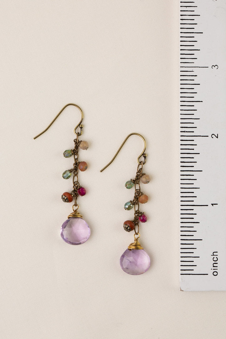 Wildflower Czech Glass, Wood With Faceted Amethyst Ovals Dangle Earrings